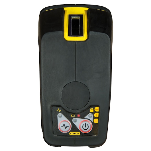 Stanley electronic stud finder with control buttons on front, black and yellow, for locating wall studs.