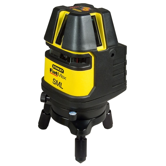 STANLEY 1-77-322 photography of FatMax SML laser level on tripod, black and yellow, white background angle.