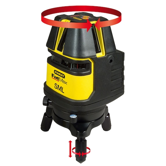 Photo of STANLEY 1-77-322 laser level with yellow and black body, three-leg base, and rotation arrows shown, front view.