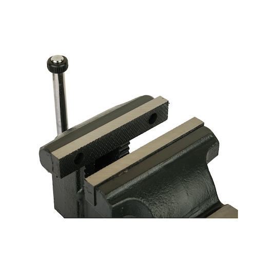 STANLEY 83-067 bench vise with textured steel jaws, close-up angle on white background.