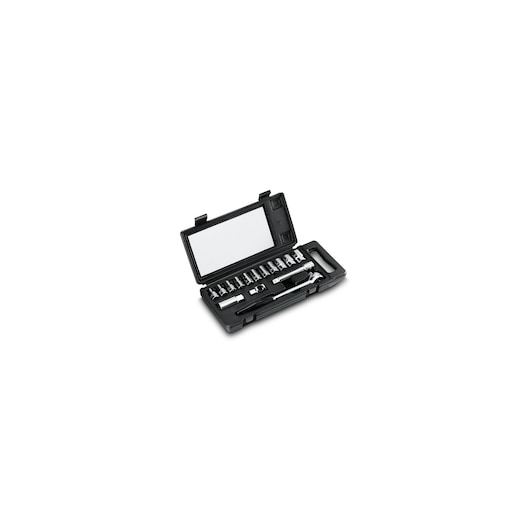 STANLEY 1-87-065 socket set in black case, photography from top angle, showing tool bits and ratchet.