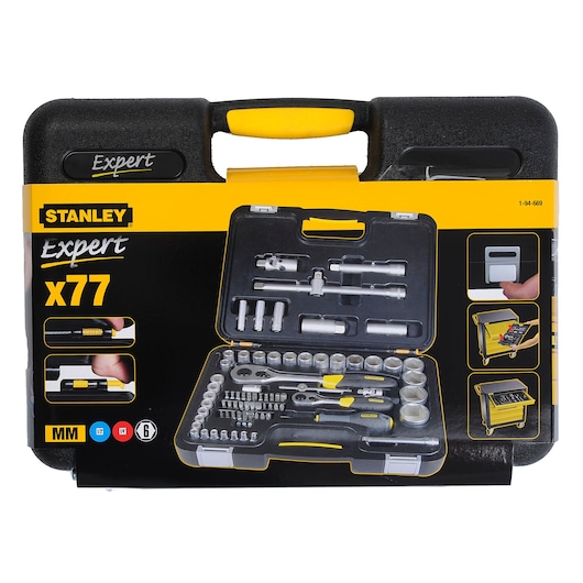 STANLEY 1-94-669 socket and ratchet set in hard plastic carrying case, front angle showing contents and branding.