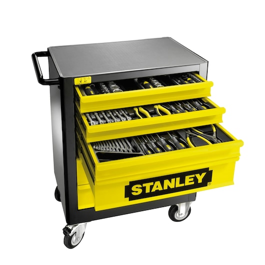 STANLEY 1-94-737 tool trolley with open yellow drawers, assorted hand tools organized inside, side angle.