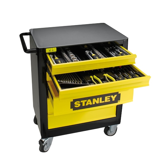 STANLEY 1-94-737 yellow and black rolling tool cabinet with open drawers filled with assorted hand tools, front angle.