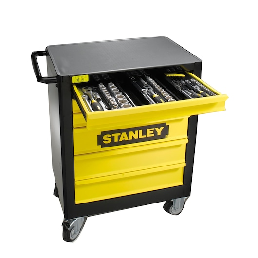 Stanley yellow tool chest on wheels with open drawer showing assorted hand tools organized inside.