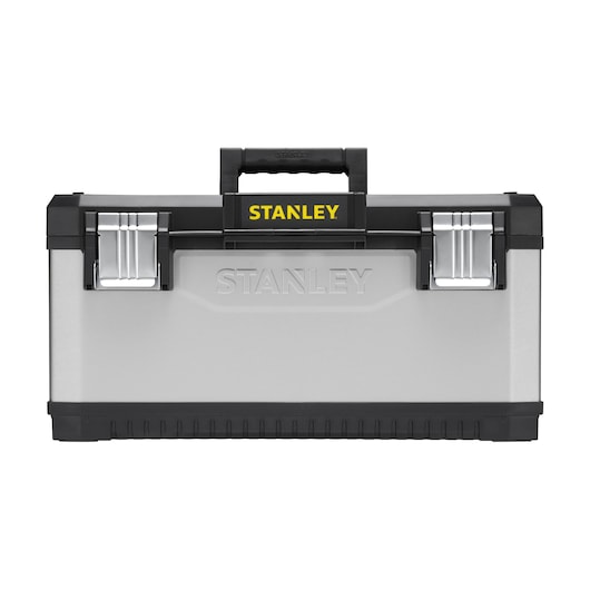 STANLEY 1-95-616 toolbox front view, silver body with black and yellow handle, two metal latches.