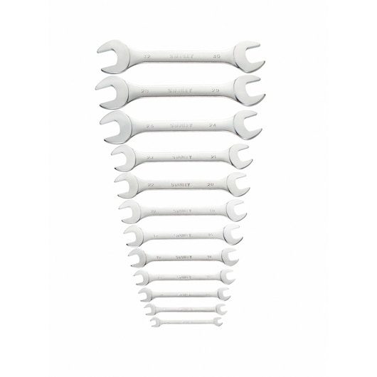 STANLEY 1-95-770 open-end wrench set, twelve silver wrenches in different sizes, top view on white background.