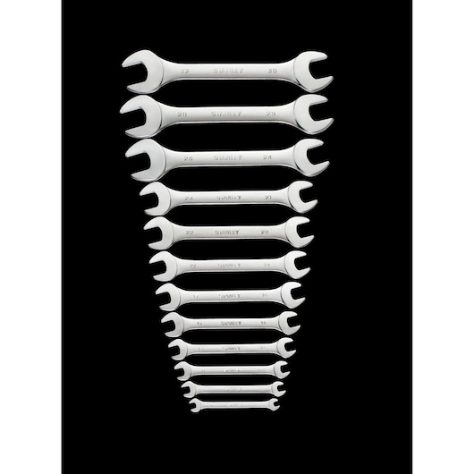 A set of twelve STANLEY open-ended wrenches arranged in descending order by size on a black background.