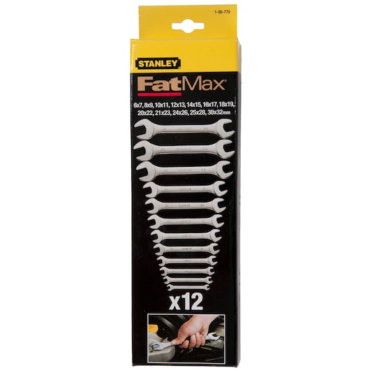 STANLEY 1-95-770 FatMax combination wrench set box, 12 pieces, front angle, black and yellow packaging.