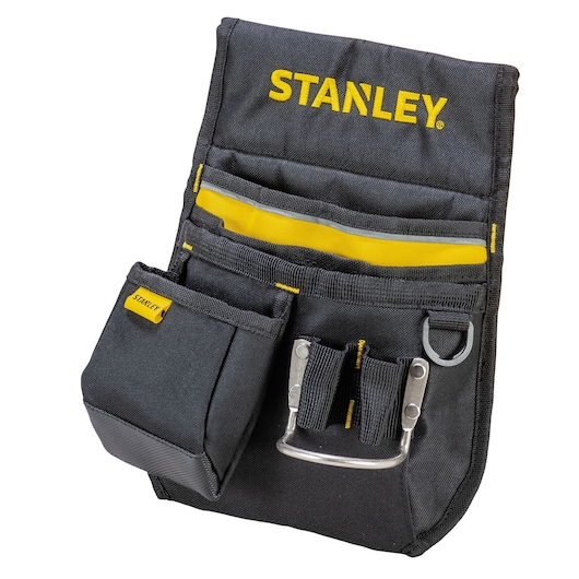 Photo of STANLEY 1-96-181 black tool pouch with yellow accents, front angle, multiple pockets and loops.