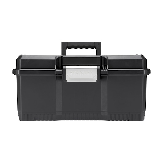 Black Stanley toolbox with a sturdy handle and secure metal latch, suitable for storing tools or accessories.