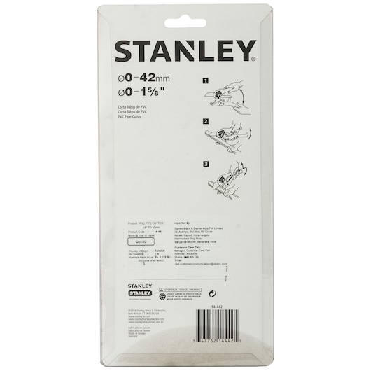 STANLEY 14-442 PVC Pipe Cutter packaging, back view, with usage instructions and branding on white background.
