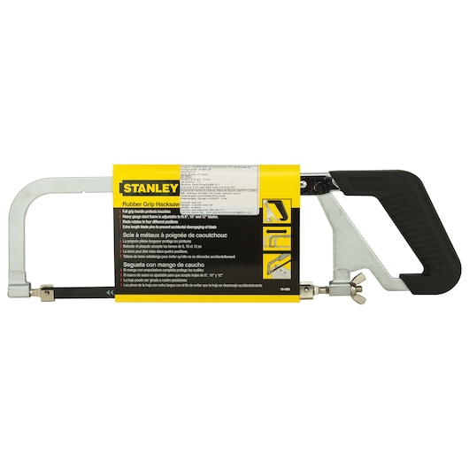STANLEY 15-265-23 hacksaw with rubber grip handle, side view on white background.