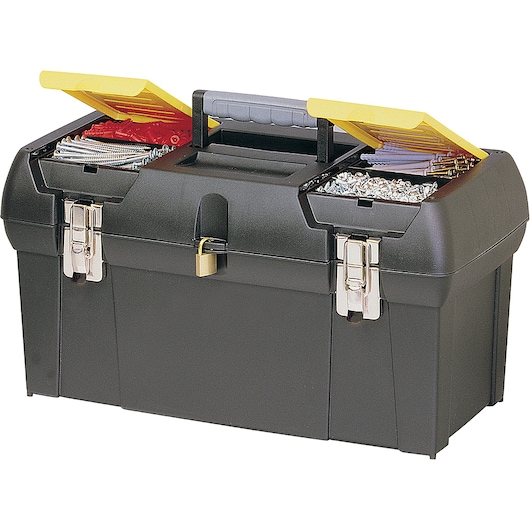 Photo of STANLEY 19-013 black toolbox with yellow lid compartments, metal latches, carrying handle, front angle.