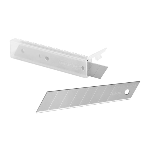 Stanley snap-off utility blade set with storage case and one detached blade, suitable for cutting tasks.