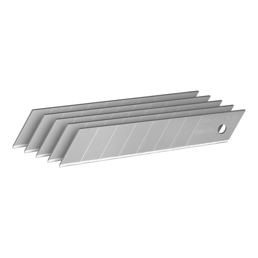 Five segmented utility knife blades arranged in a row on a white background.