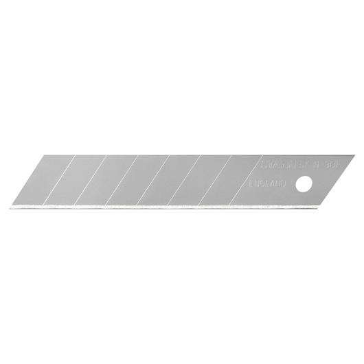 STANLEY 2-11-301 snap-off utility knife blade, silver, straight angle, close-up on white background.