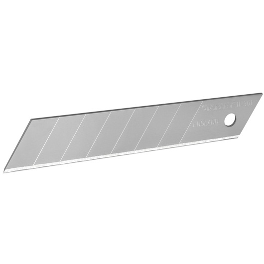 STANLEY 2-11-301 silver snap-off utility blade, angled edge, shown on white background, product photography.