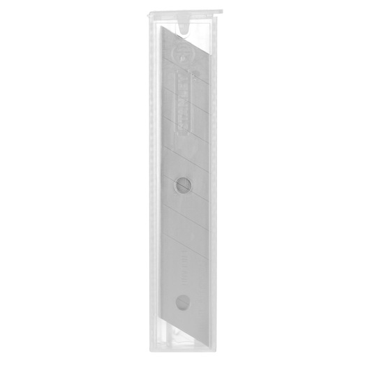 STANLEY 2-11-301 snap-off utility blades in clear plastic case, front angle, silver segmented blades visible.