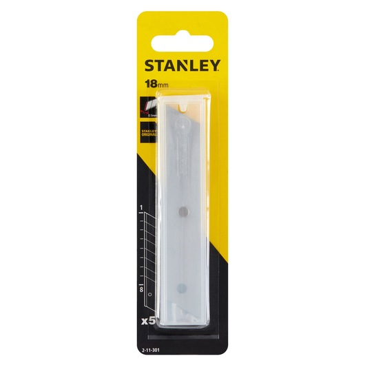 STANLEY 2-11-301 utility knife blades in 18mm plastic dispenser, product front on white background.
