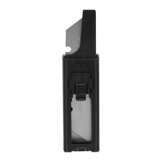 STANLEY 2-11-800 utility knife blade dispenser, black, showing front view with visible blade slot and blades inside.