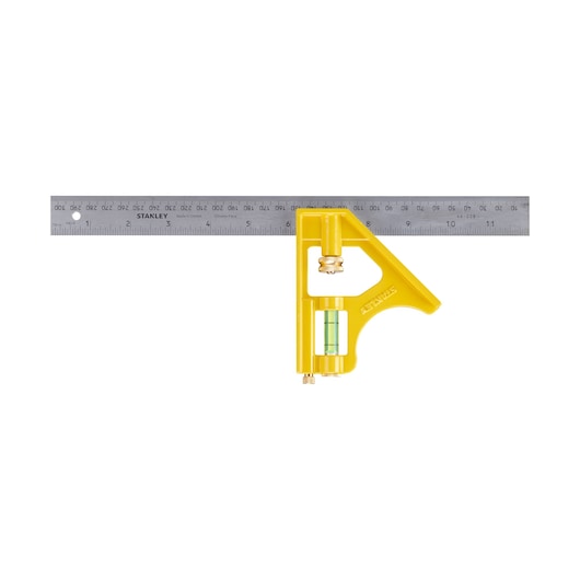 STANLEY 2-46-028 combination square with yellow handle and stainless steel ruler, front angle.