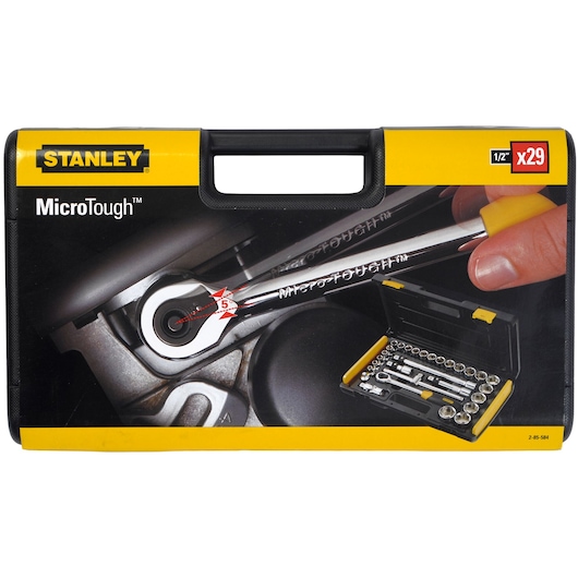 STANLEY 2-85-584 socket and ratchet set in black and yellow hard case, front view with tools and attachments visible.