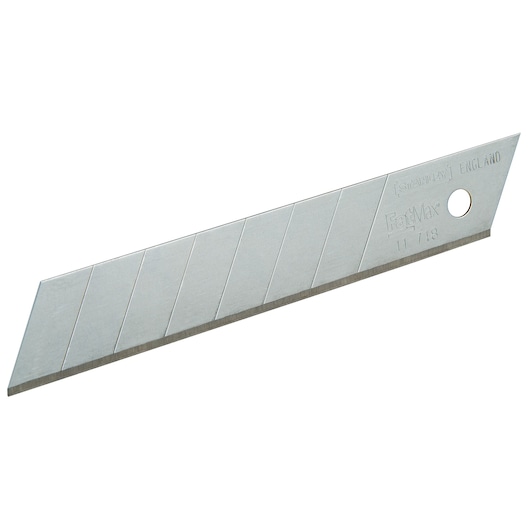 STANLEY 3-11-718 segmented utility knife blade, silver, angled edge, single blade, product photography on white.