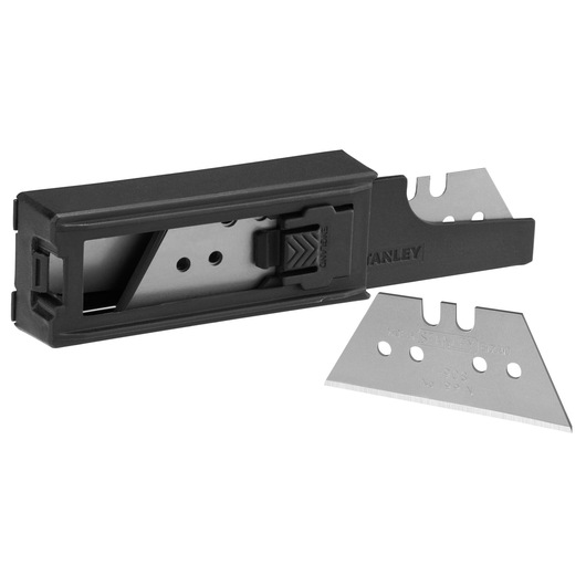 Stanley utility knife blade dispenser with several spare blades, showing blades inside the black plastic dispenser and two