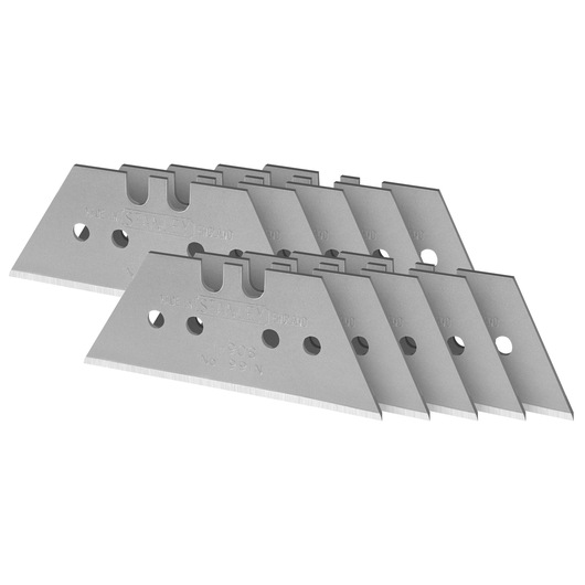 Photo of STANLEY 3-11-908 utility knife blades, pack of ten silver blades, angled view on white background.