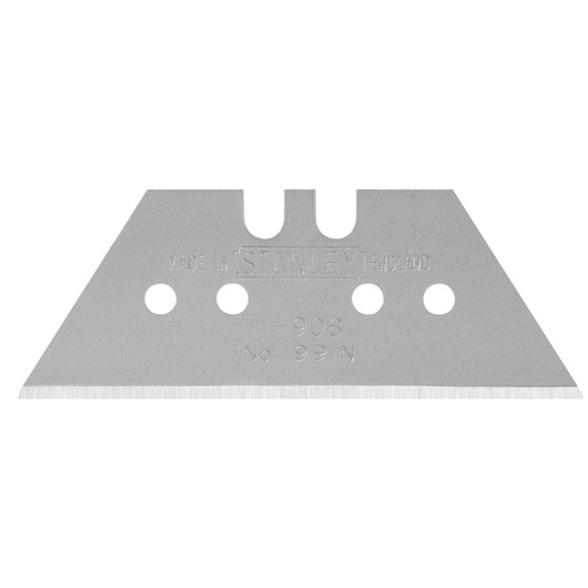 STANLEY 3-11-908 utility knife blade, silver, trapezoid shape, straight edge, product photo front view.