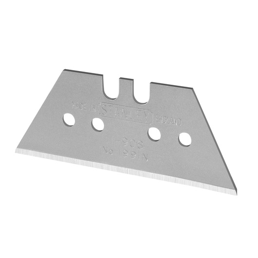STANLEY 3-11-908 utility knife blade, silver, single blade, photography, front angle on white background.