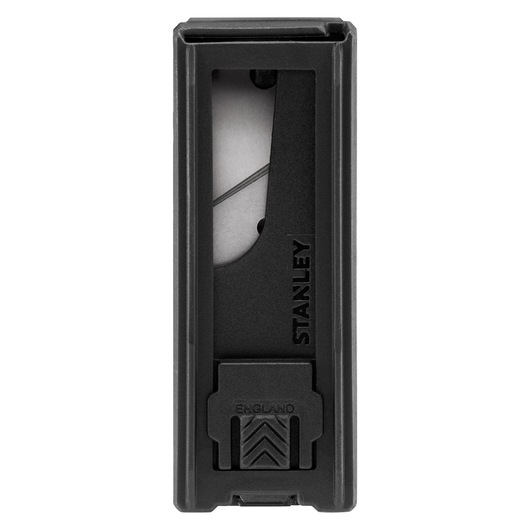 Photo of STANLEY 3-11-908 black utility blade dispenser, front view, showing blades inside.