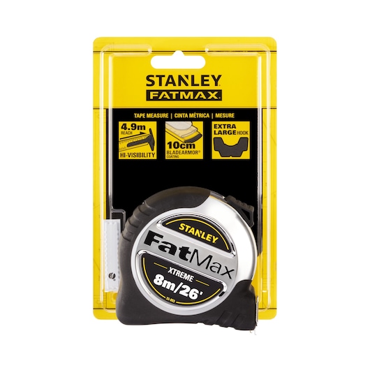 STANLEY 33-893 FatMax XTREME tape measure, 8m/26', black and silver, in retail packaging, front angle.