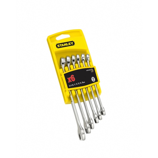 Stanley set of 6 combination wrenches in yellow holder, sizes 10-15mm. Tools displayed angled.