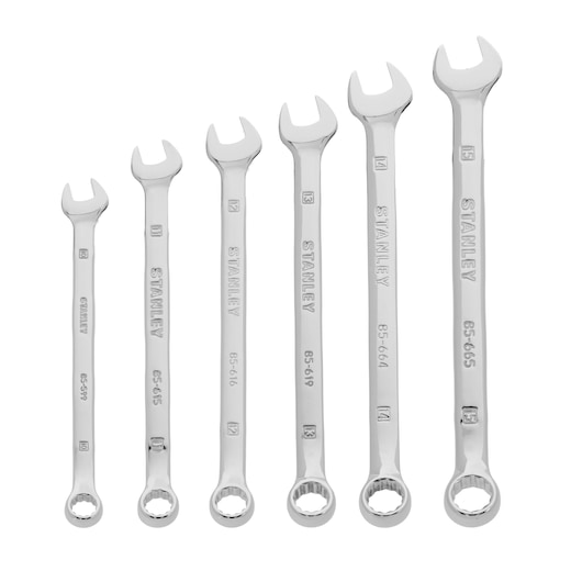 STANLEY 4-94-646 combination wrench set, six-piece chrome wrenches, front view on white background.