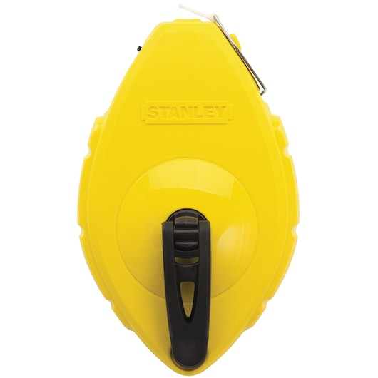 Stanley yellow chalk line reel, front view, with black handle and metal hook, white background