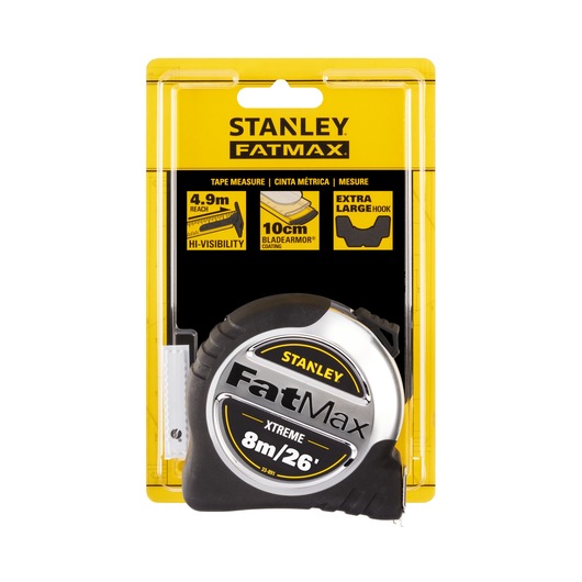 STANLEY 5-33-891 tape measure, FatMax Xtreme 8m/26ft, silver and black, front angle in packaging.