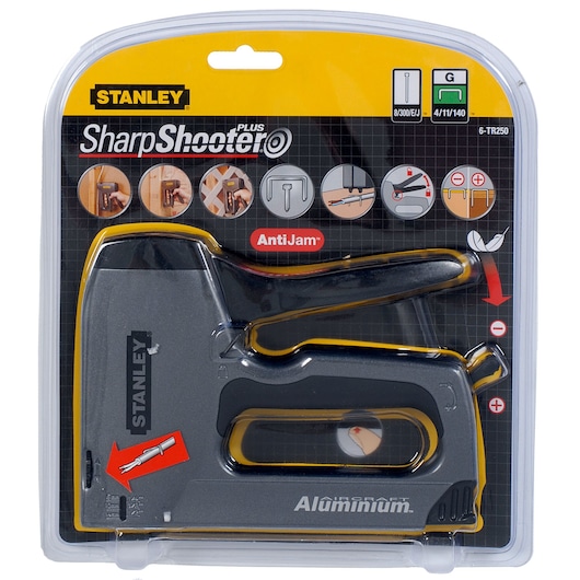 STANLEY 6-TR250 staple gun, photography of front packaging view, aluminum body, SharpShooter Plus, anti-jam feature.