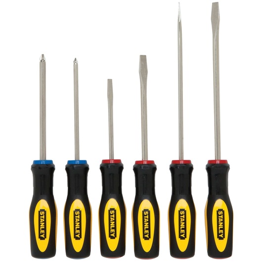Front angle on white of Stanley 6-piece screwdriver set with black and yellow handles and assorted tips.