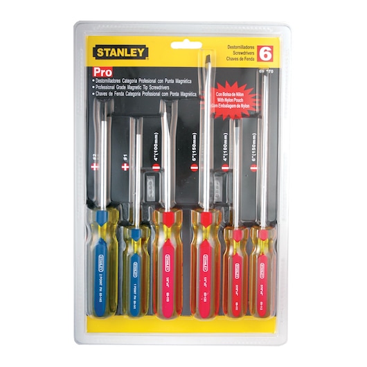 STANLEY 69-170 screwdriver set in retail packaging, six magnetic tip screwdrivers with colored handles, front angle.
