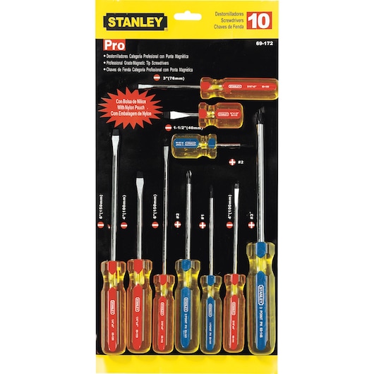 STANLEY 69-172 screwdriver set of 10 with magnetic tips, nylon pouch, photographed from front on white background.