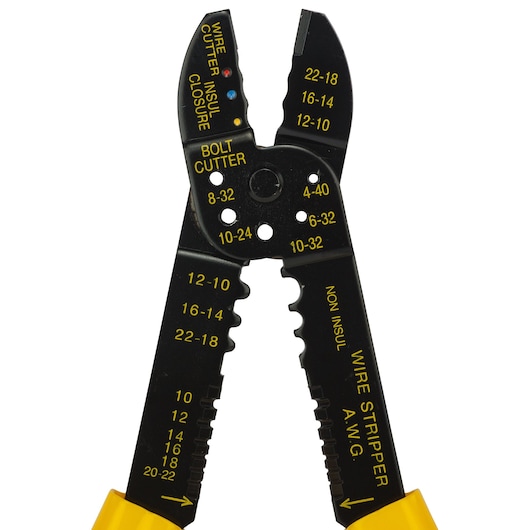 STANLEY 84-253-22 wire stripper with yellow handles, bolt cutter and wire gauge markings, front angle.