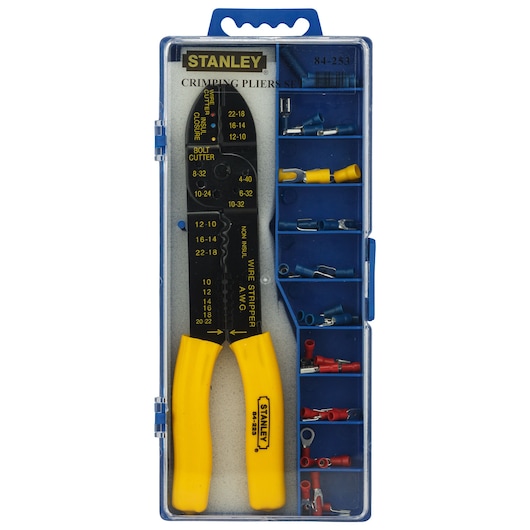 STANLEY 84-253 crimping pliers set with yellow-handled pliers and assorted connectors in a blue plastic case, front angle.
