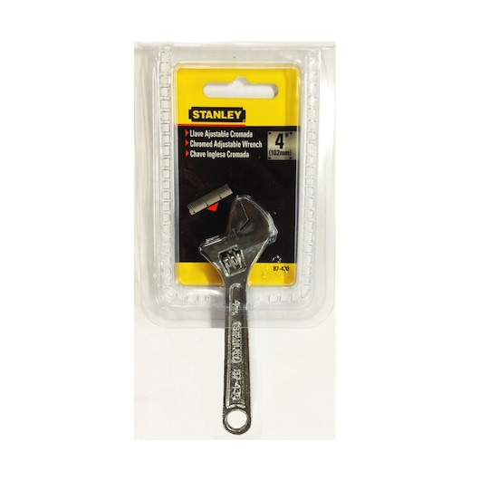 Stanley 87-430-1-23 chromed adjustable wrench, 4 inch, product photo on white background.
