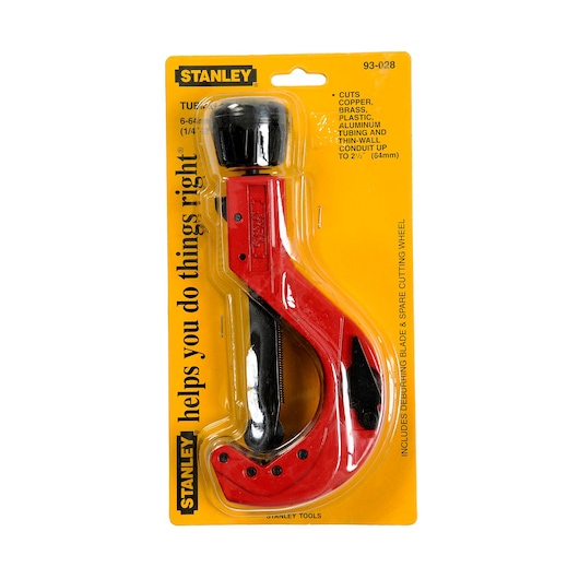 STANLEY 93-028-22 tube cutter in red and black, sealed in retail packaging, front angle on white background.