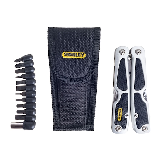 STANLEY 94-806 multitool set with black nylon pouch and screwdriver bits, top-down view.