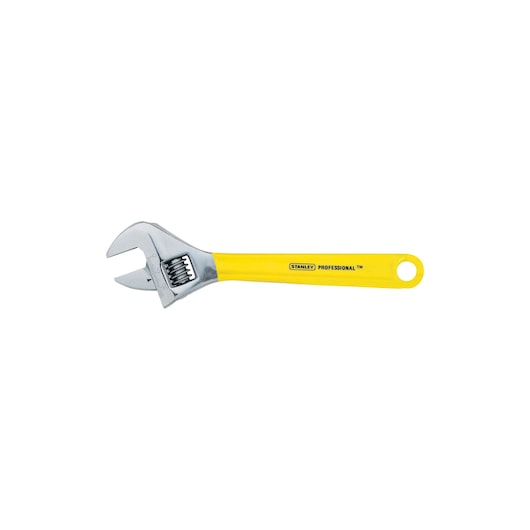 STANLEY 97-797 adjustable wrench with yellow handle, side angle on white background.