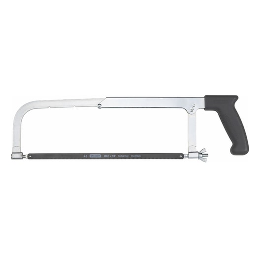 STANLEY E-15200_1 hacksaw with black handle, front angle, metal frame and blade