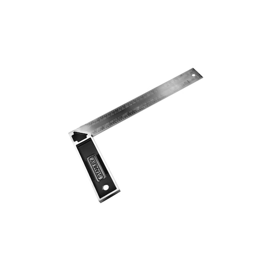 STANLEY E-46536 steel try square with black handle and metric markings, angled on white background.